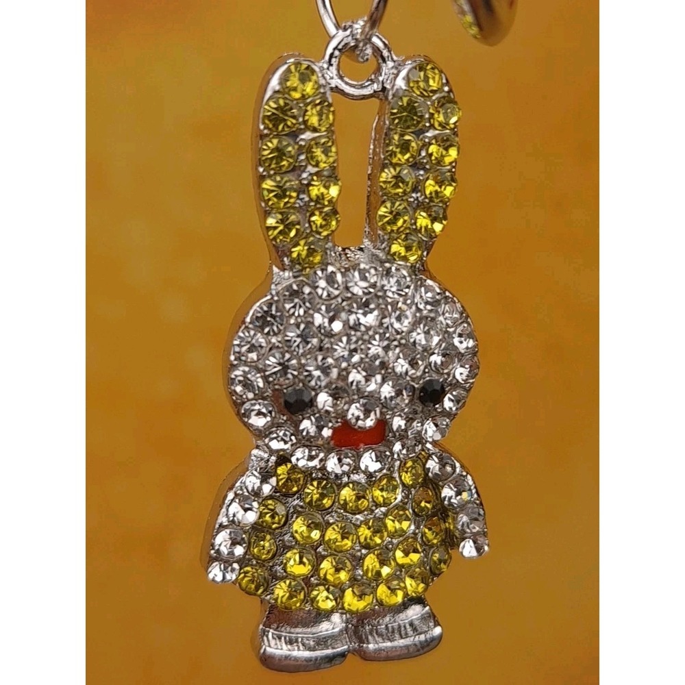 Bunny Rabbit Silver Tone Yellow Rhinestones Purse Charm/Keychain By Fashion Jewe